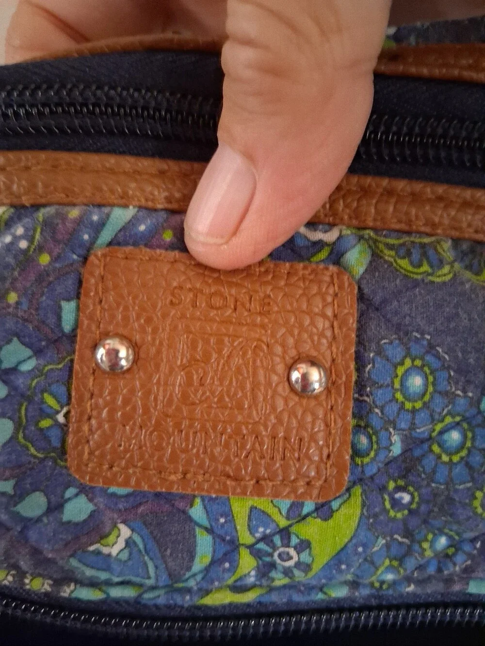 Stylish Blue Paisley Crossbody Bag with Tan Accents